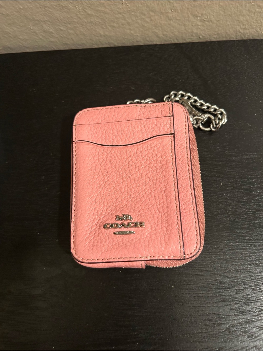 Coach Pink Pebbled Leather Card Wallet with Silver Chain